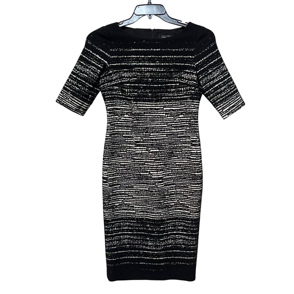 Rickie Freeman Teri Jon Black White Stripe Short Sleeve Wool Fitted Dress Sz 8